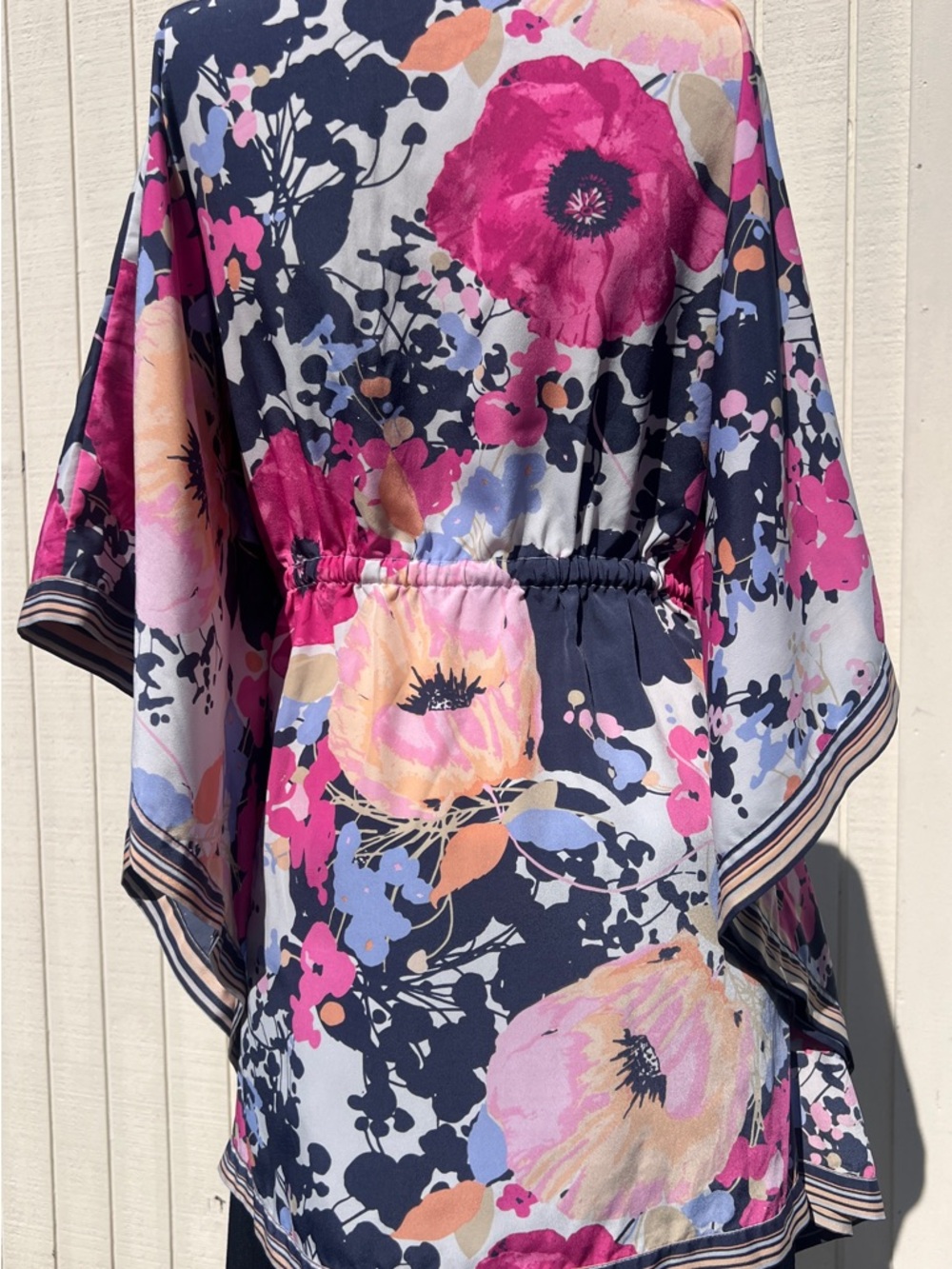 New York & Company Floral Kimono Sleeve Blouse | Boho Tie Waist Top M - Picture 2 of 8